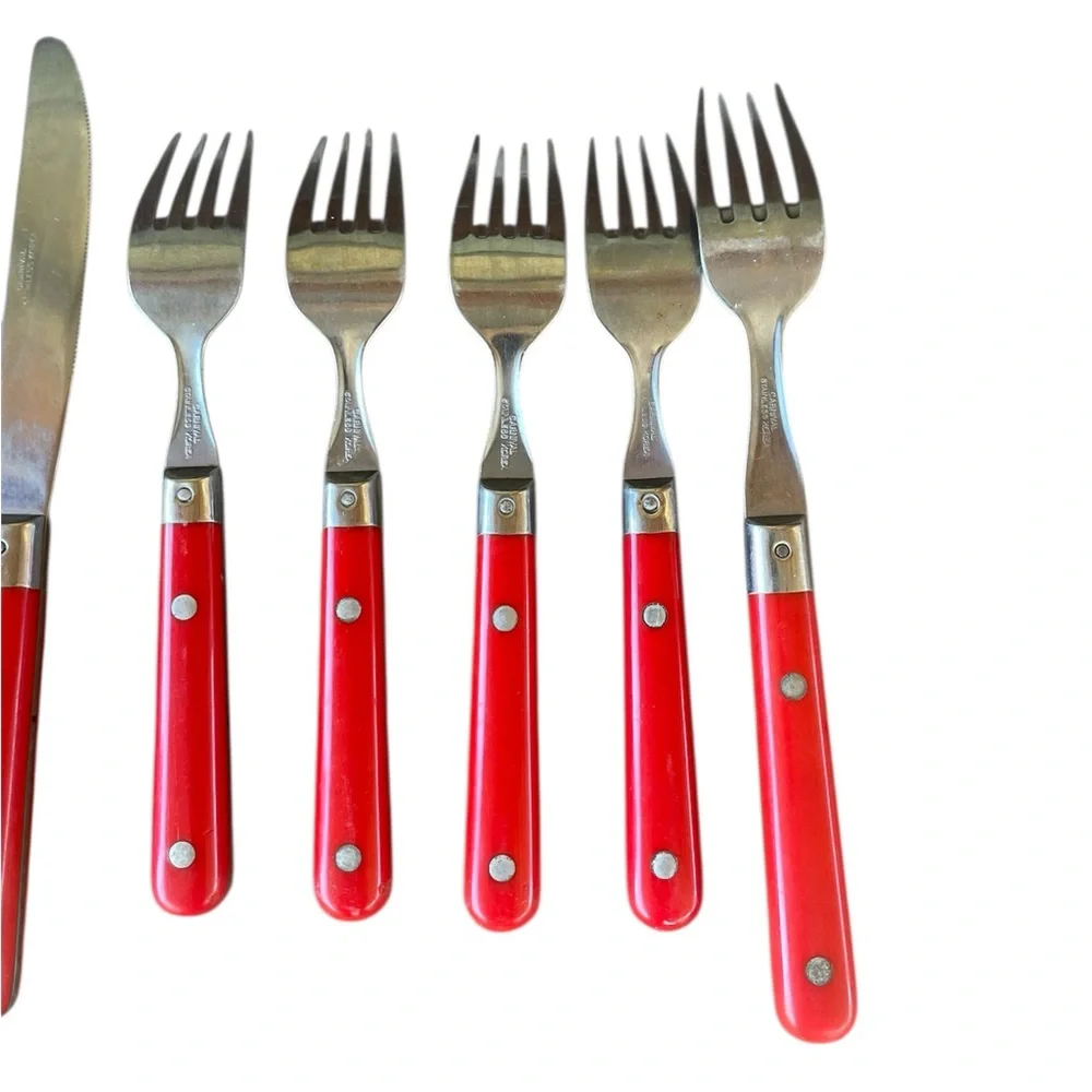 12 Vintage Wesley Carnival Flatware Set Stainless Steel Knives Forks Spoons Red